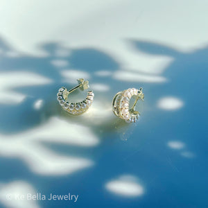 1.5cm Pearl Pave Huggie Earrings | Sterling Silver