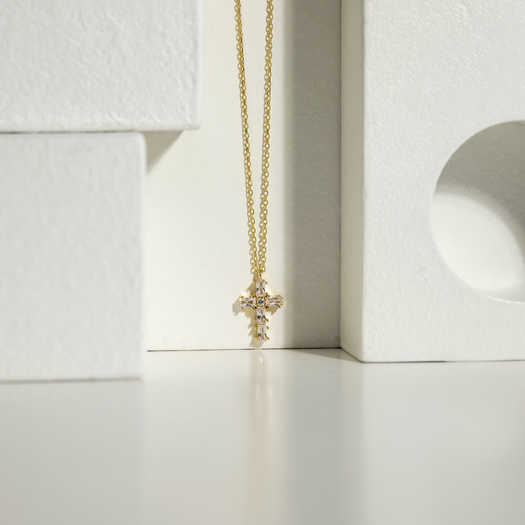 Clear CZ Gold Plated Cross Pendant in a Steel Frame with 22