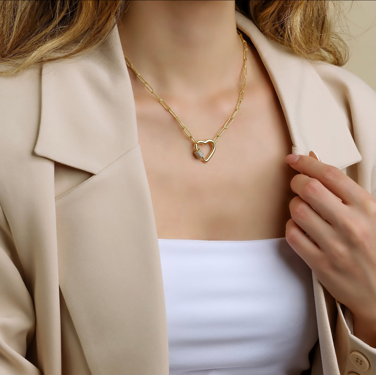 Lock Charm on Gold-Filled Paperclip Necklace with Heart Carabiner