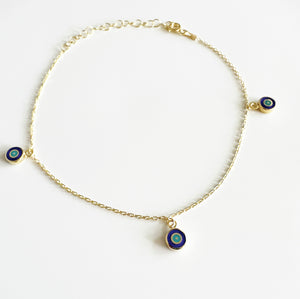 Tiny Evil Eyes Enamel Anklet Bracelet - Navy | Gold Vermeil