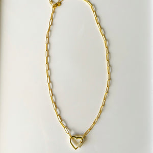 Lock Charm on Gold-Filled Paperclip Necklace with Heart Carabiner